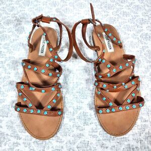 Steve Madden Leather Skylee Turquoise Studded Strappy Sandals Size 9.5